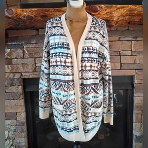 Lucky Brand Blue Brown Cotton Blend Aztec Geometric Open Front Cardigan Sweater